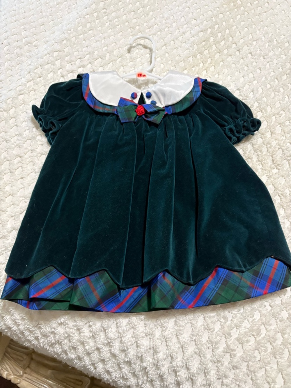 Vintage Source Unknown Dark Green Velvet Holiday Dress with Tartan Trim